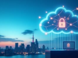 Illustration of futuristic digital cloud storage above a city skyline showing connected devices and data encryption, representing the best cloud storage services in 2025.