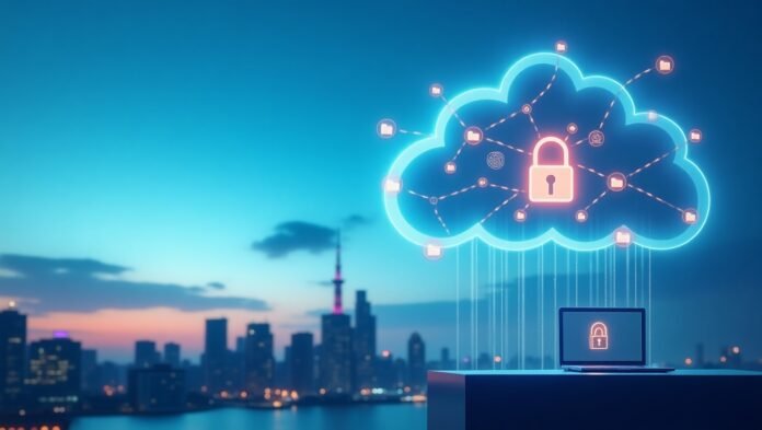 Illustration of futuristic digital cloud storage above a city skyline showing connected devices and data encryption, representing the best cloud storage services in 2025.